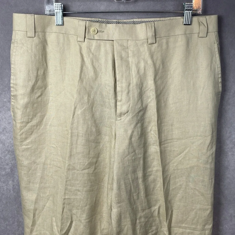Calvin Klein‎ Pants Mens Size 36 100% Linen Beige Tan Flat Front Chino Trousers